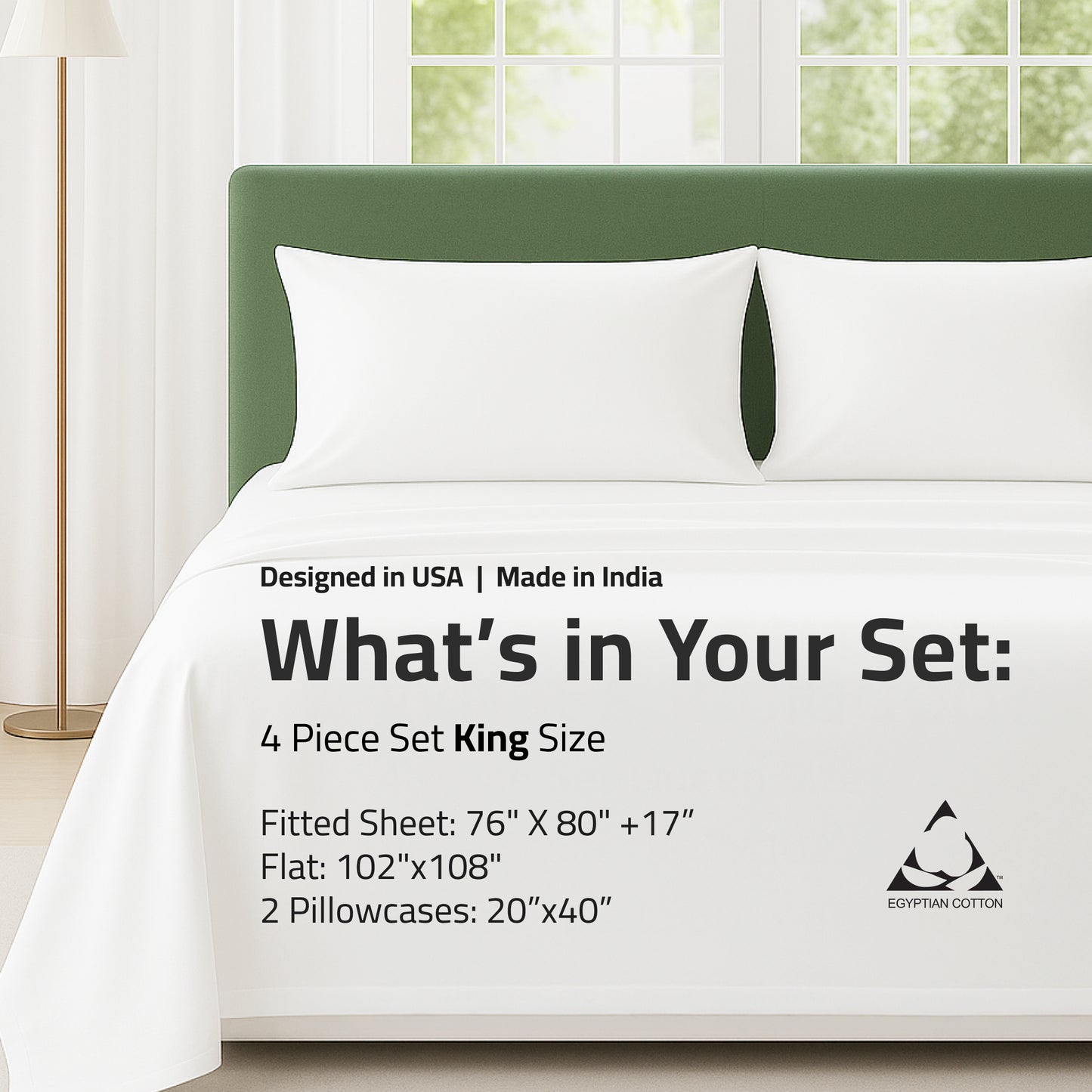 100% Egyptian Cotton White King Set – 400 TC – Made in India