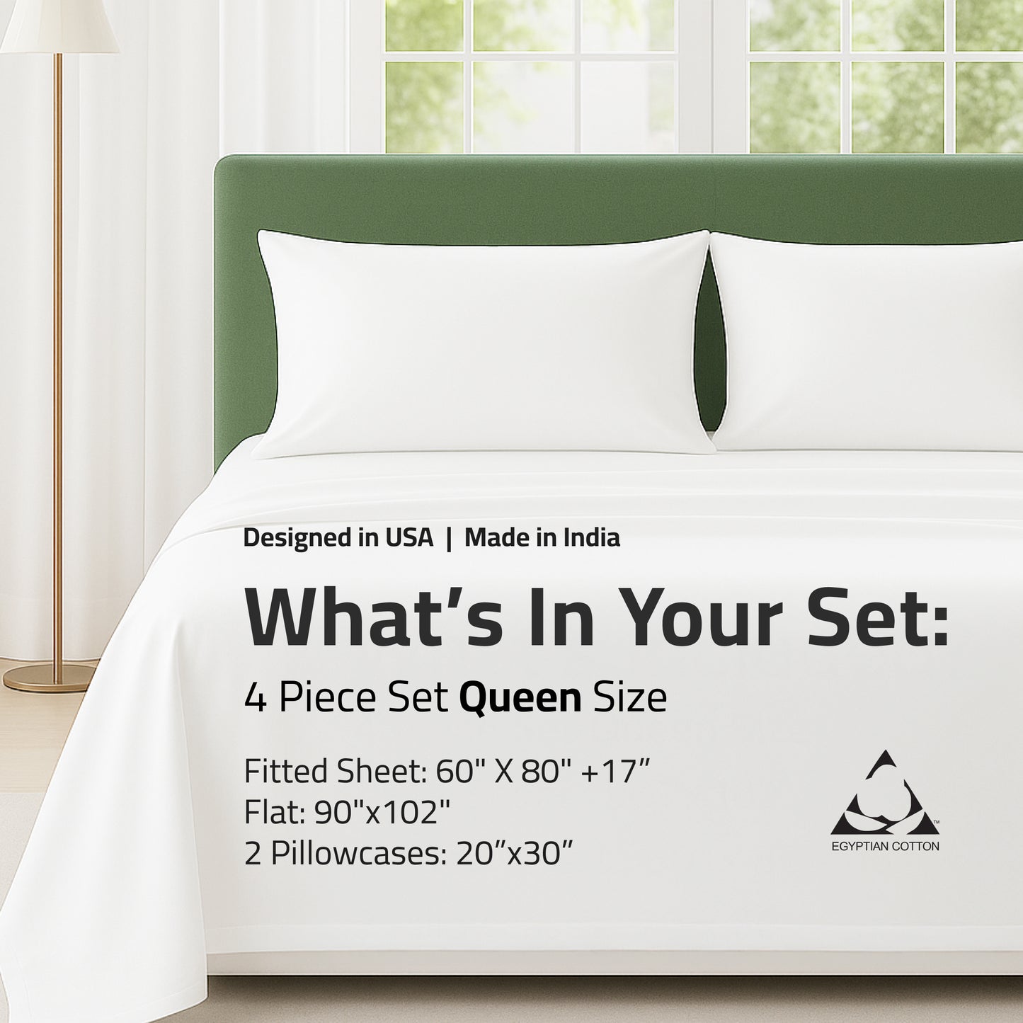 100% Egyptian Cotton White Queen Sheet Set - 400 TC - Sleep deeper, wake calmer.