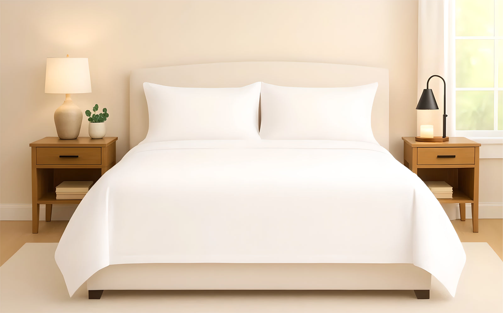 Bright bedroom with folded sheets and candle warmer.