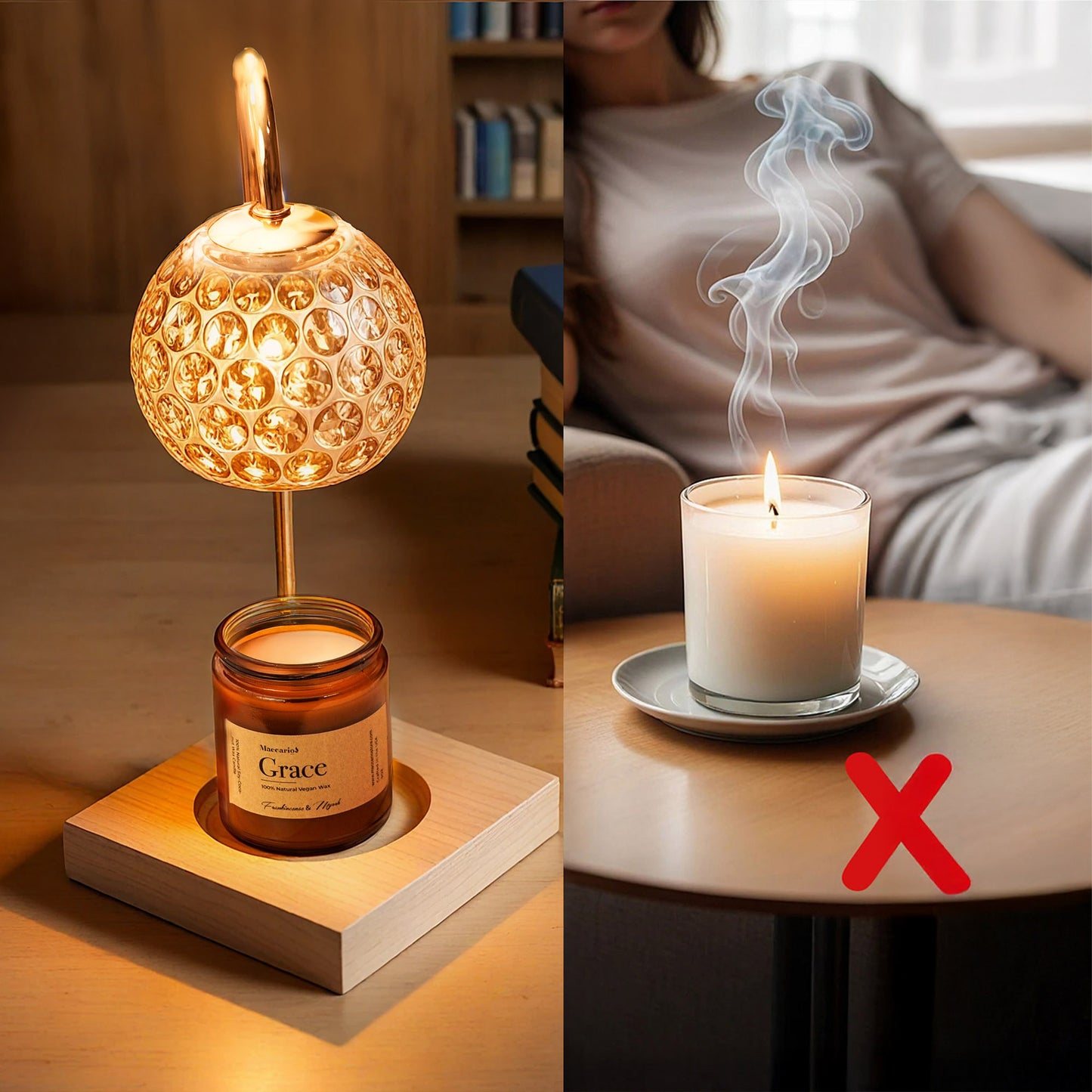 Candle Warmer with Vanilla Scented Candle – Amber Glass Jar – Flameless, Smokeless Fragrance Set for Home & Office
