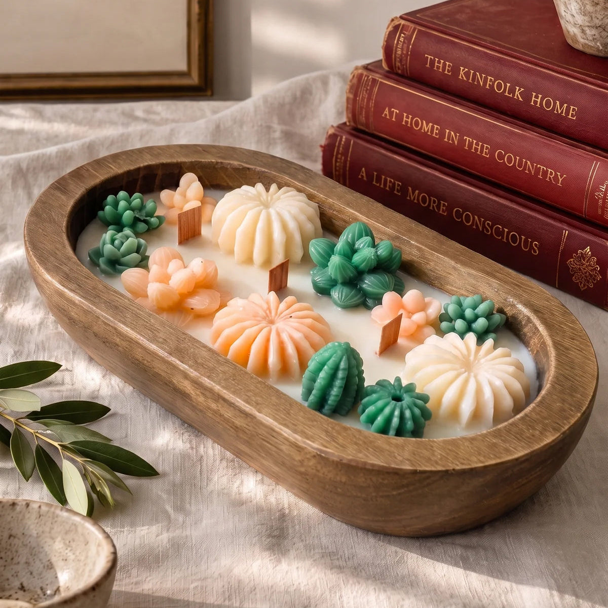 Cactus dough bowl candle with succulents – non-toxic coconut soy wax in a wooden bowl