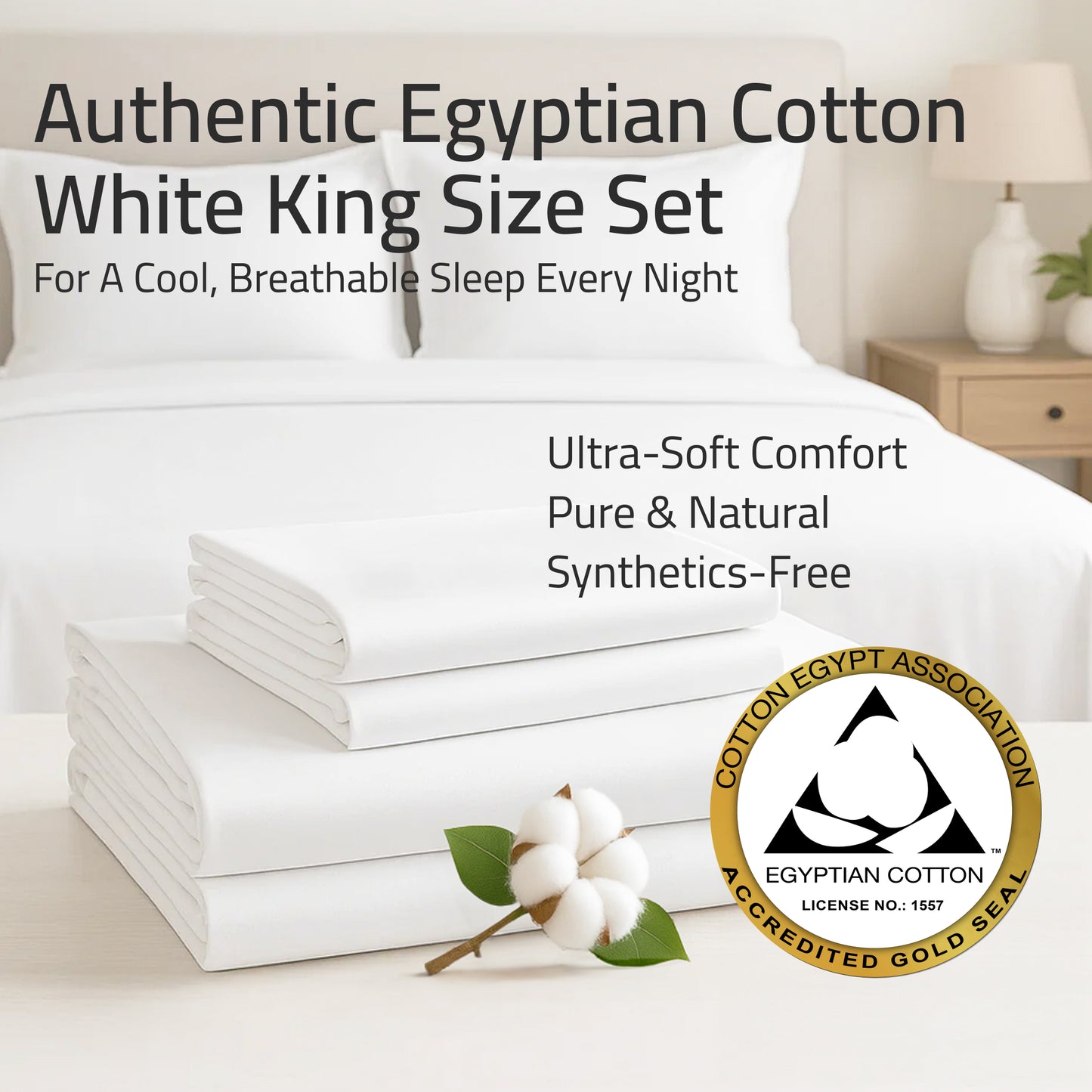 100% Egyptian Cotton White King Set – 400 TC  – Made in India