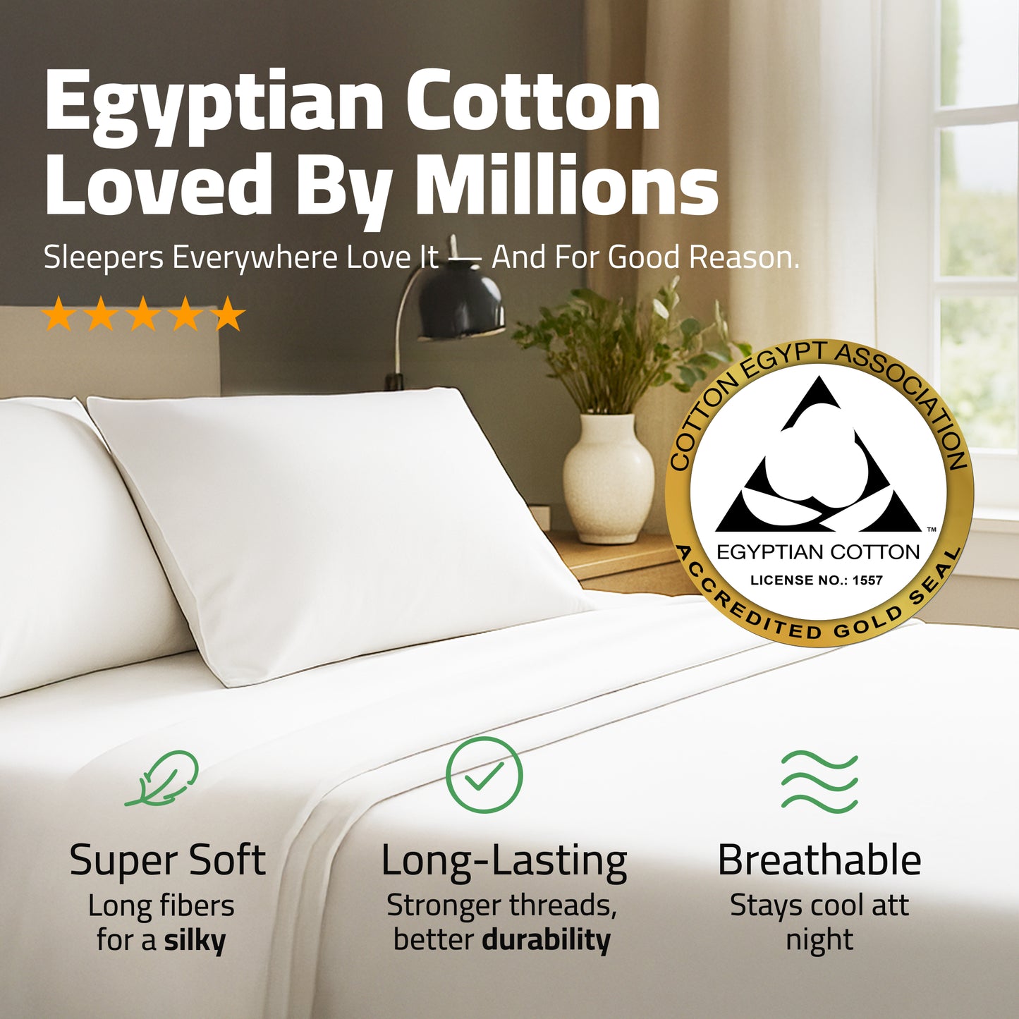 100% Egyptian Cotton Sheets Twin Size - 400 TC White Bed Set  - Made in India (3-Piece)