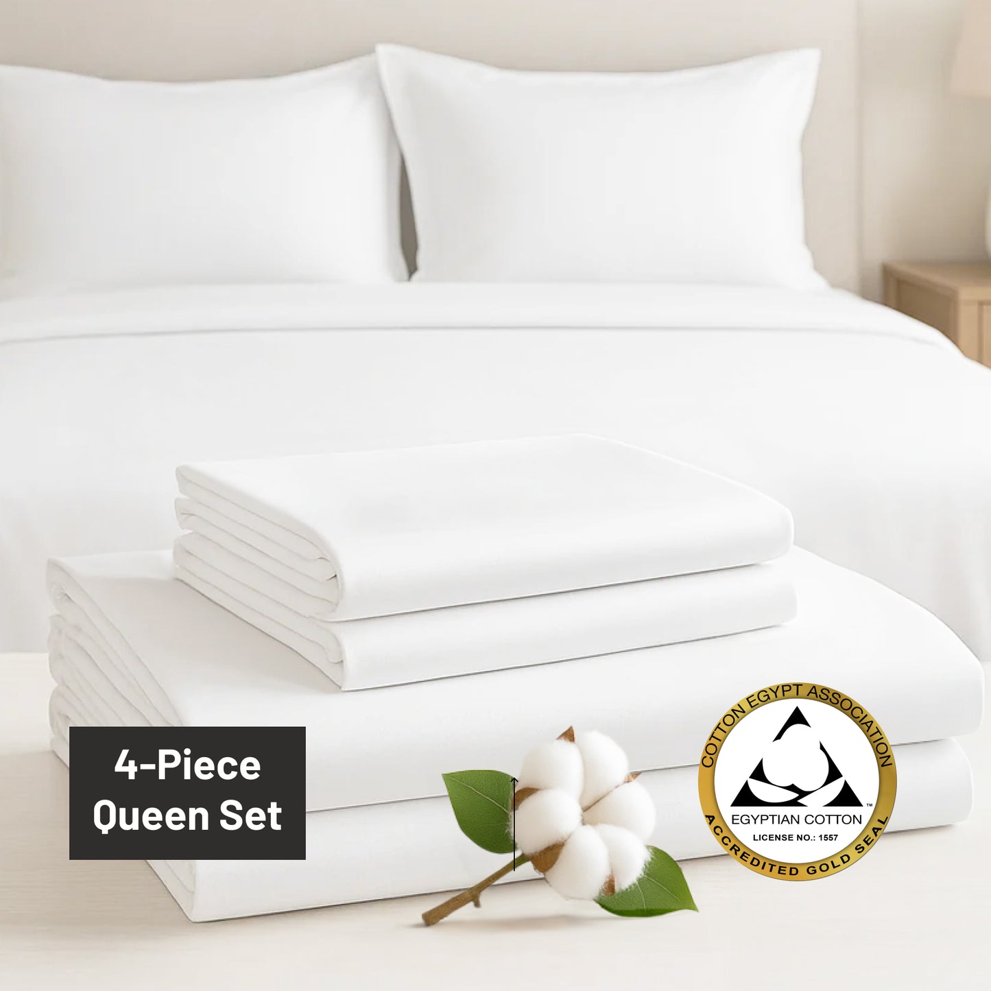 100% Egyptian Cotton White Queen Sheet Set - 400 TC - Sleep deeper, wake calmer.