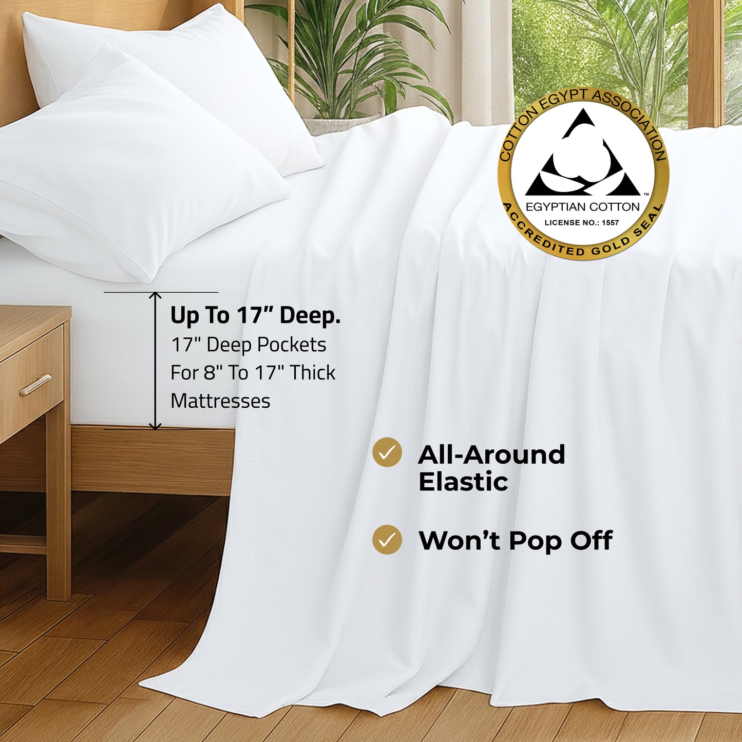 100% Pure Certified Egyptian Cotton Queen Sheet Set – White, 400 Thread Count – Soft, Cooling, Hotel Luxury Bedding