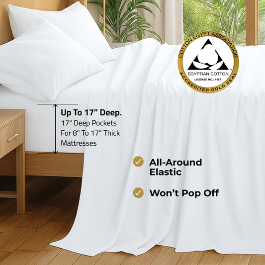 100% Pure Certified Egyptian Cotton King Sheet Set – White, 400 Thread Count – Soft, Cooling, Hotel Luxury Bedding