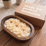 Lavender dough bowl candle burning – 3-wick coconut soy wax candle in a wooden bowl