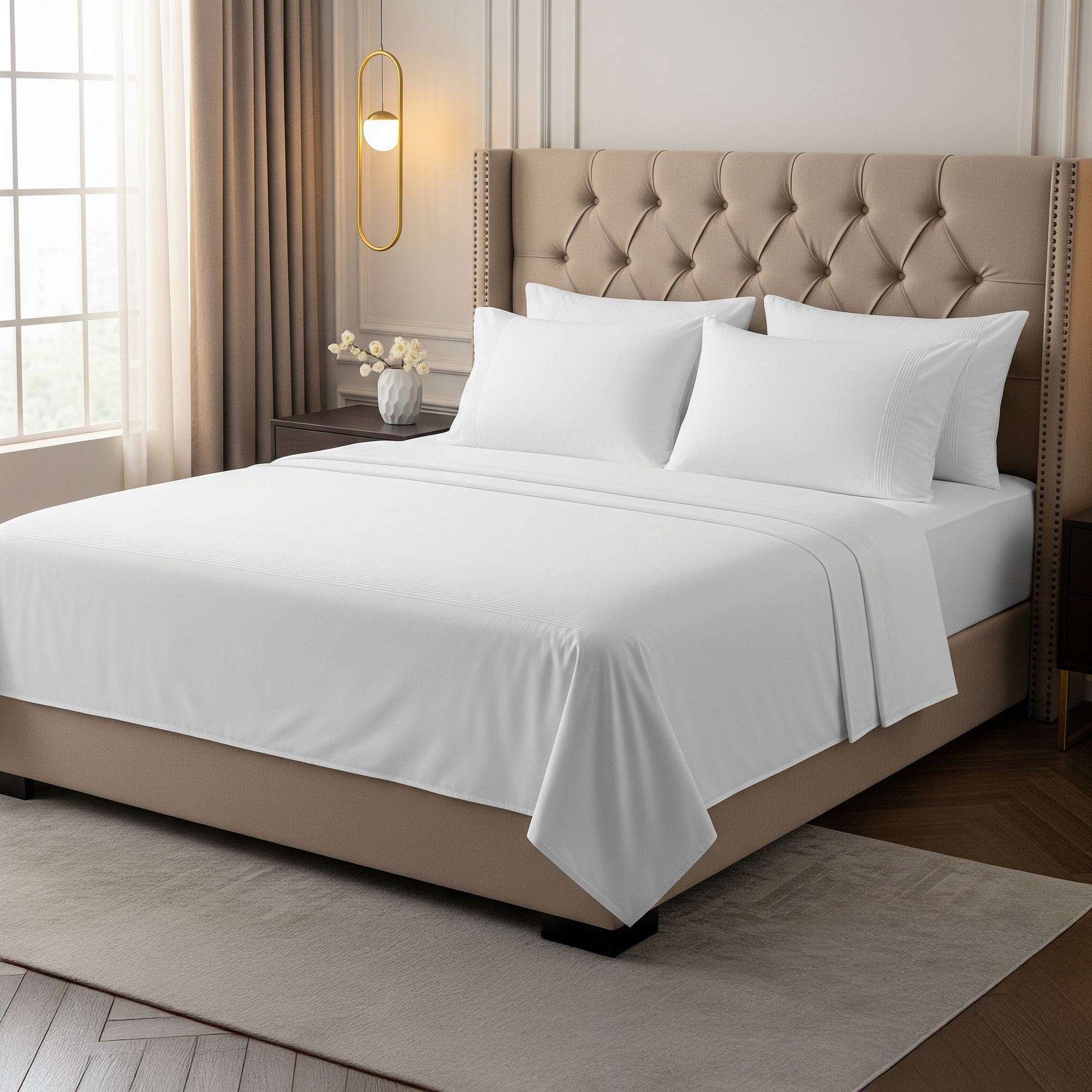 Bright bedroom with folded sheets and candle warmer.
