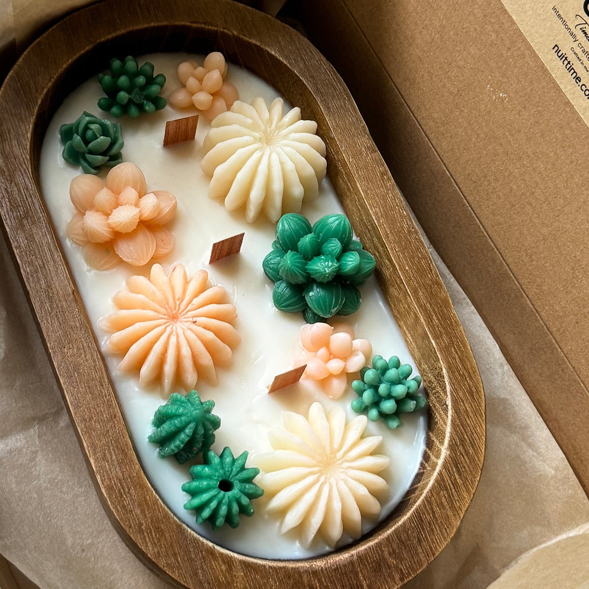 Cactus dough bowl candle – non-toxic coconut soy wax candle in a wooden bowl