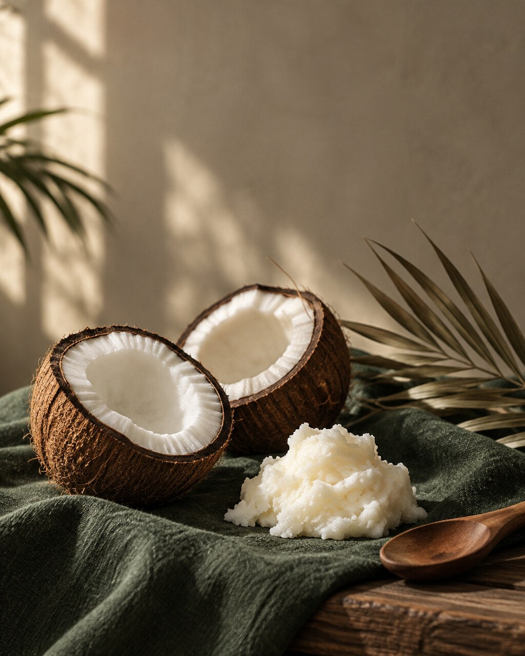Cracked coconut halves and a mound of creamy coconut-soy wax on a green linen cloth