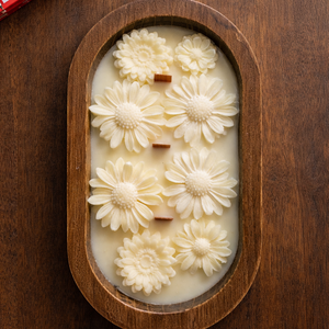 Daisy wooden dough bowl candle with ivory wax flowers