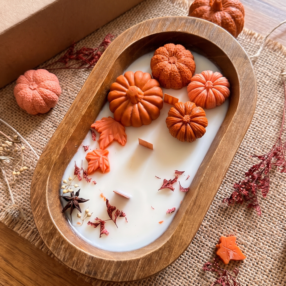 3 wick pumpkin spice dough bowl candle in a wooden bowl on burlap, fall centerpiece