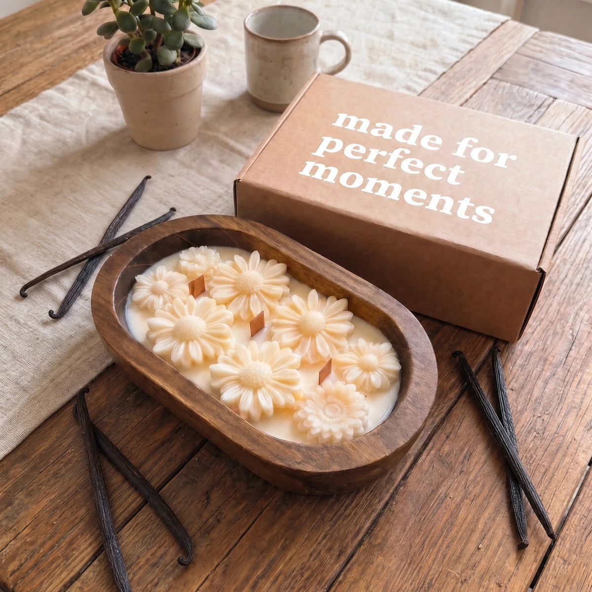 Vanilla bean dough bowl candle – clean-burning coconut soy wax in a wooden bowl